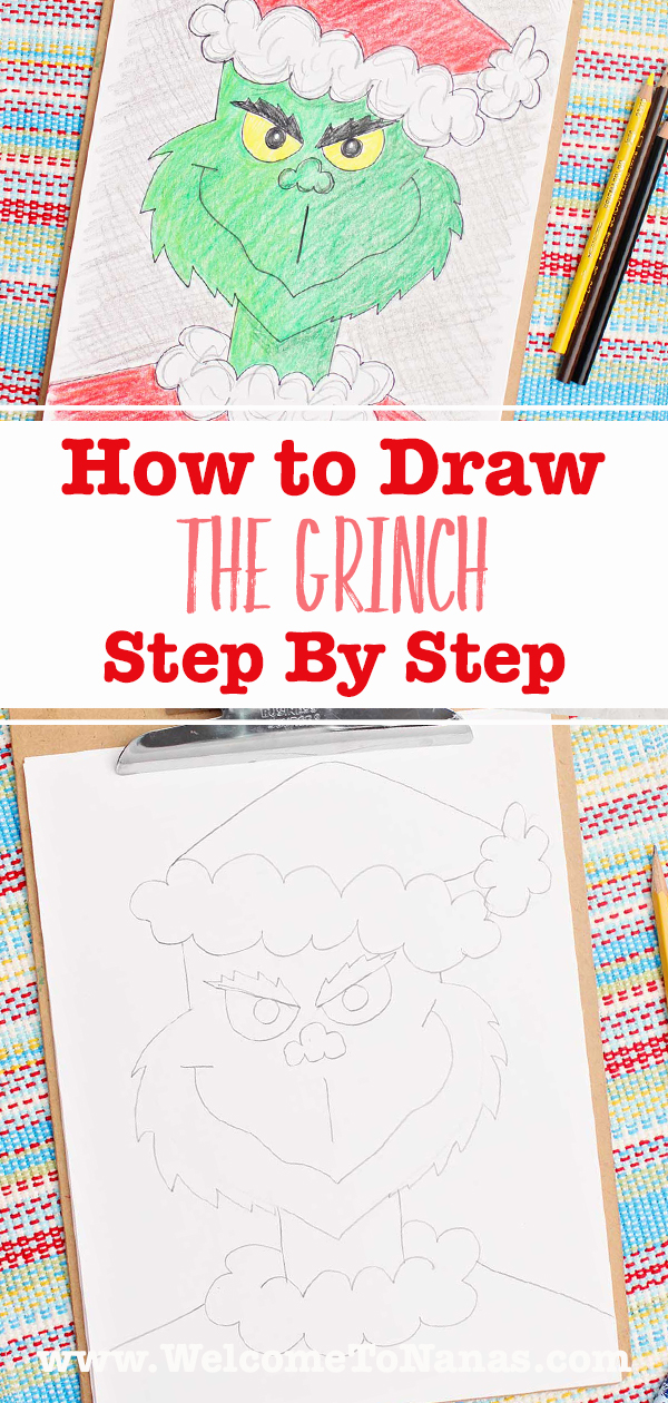 A colored-in and a pencil outline of the Grinch in a Santa outfit.