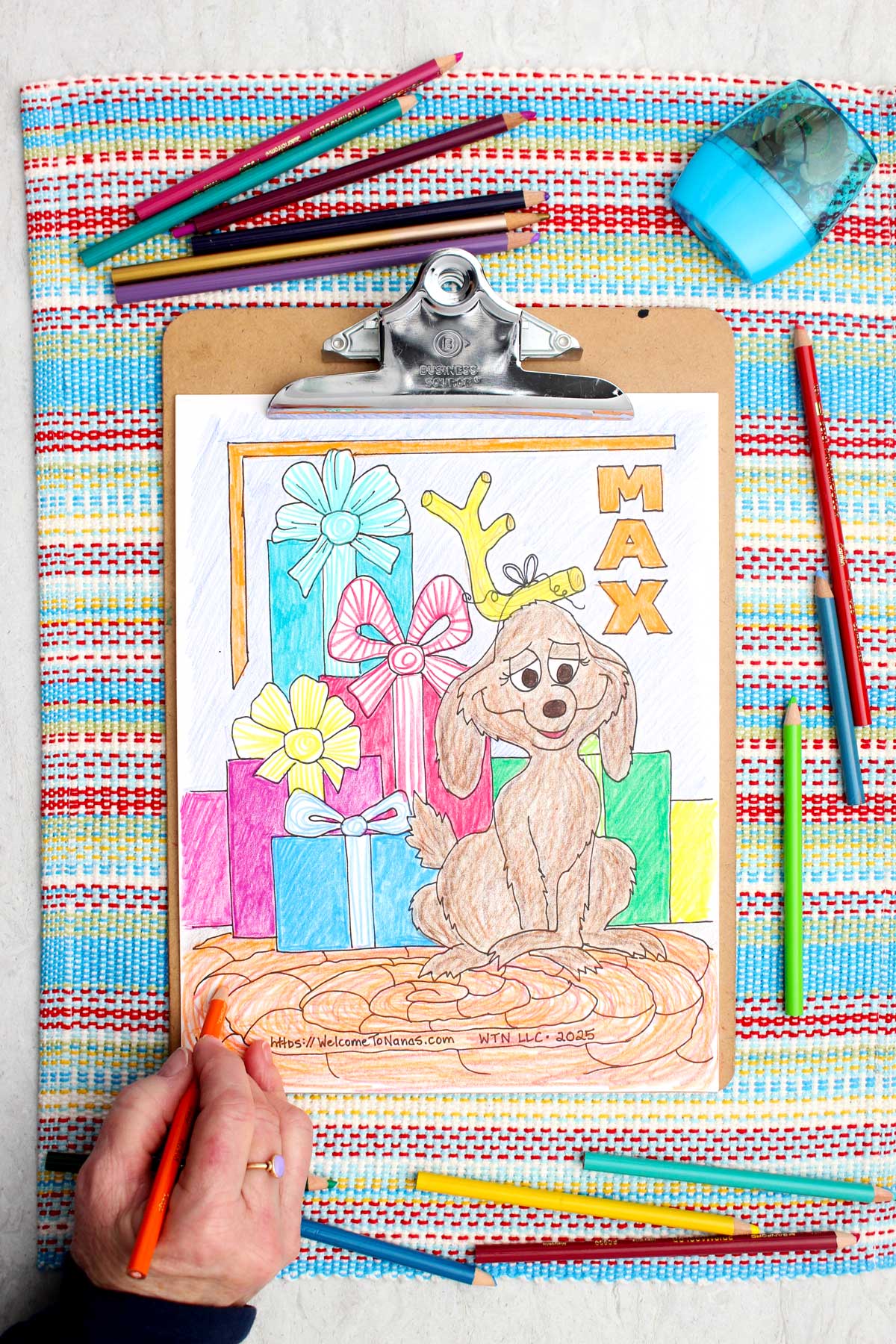 A coloring page featuring Max the dog and various presents from How the Grinch Stole Christmas