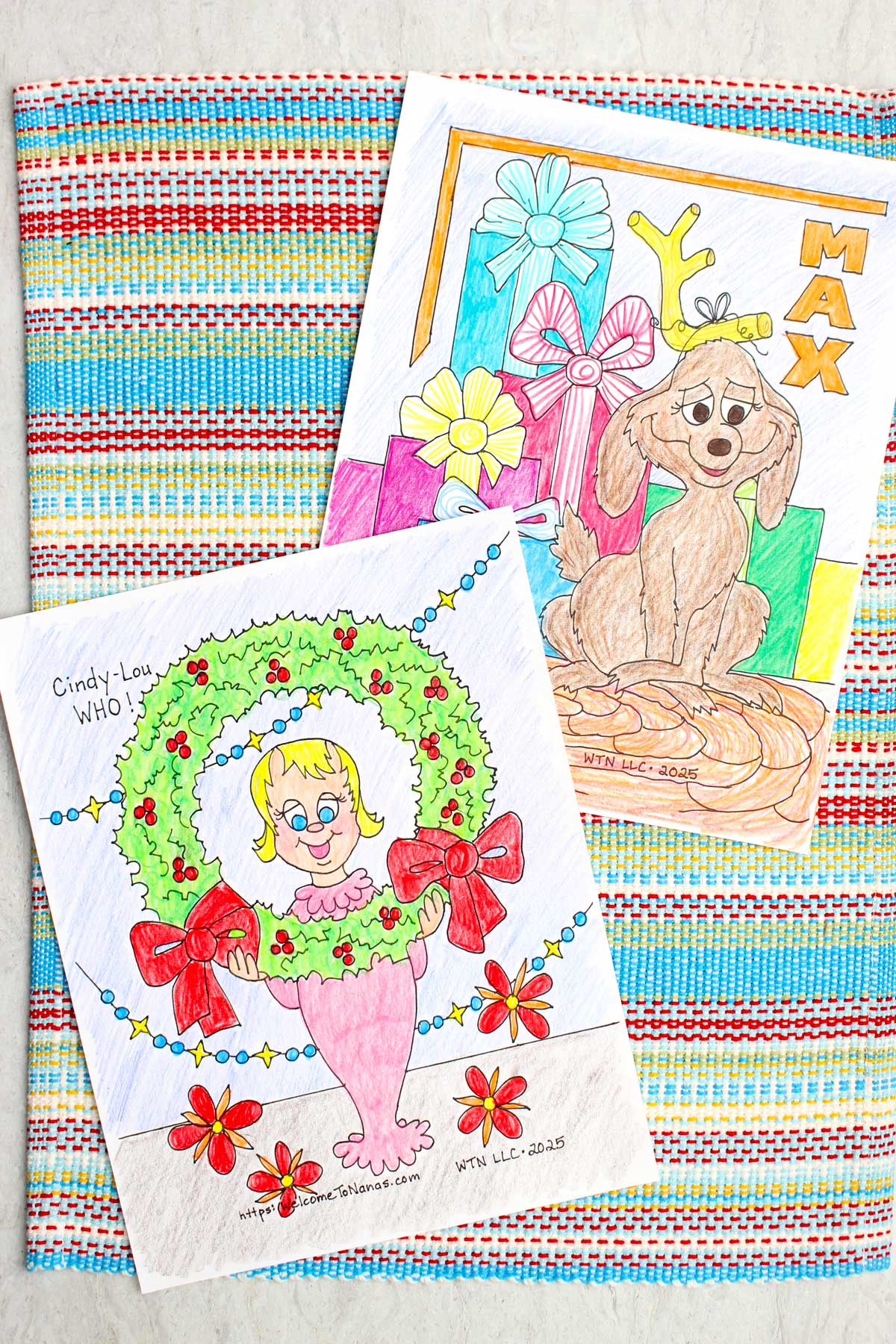 Coloring sheets of Max the dog and Cindy Lou Who from How the Grinch Stole Christmas