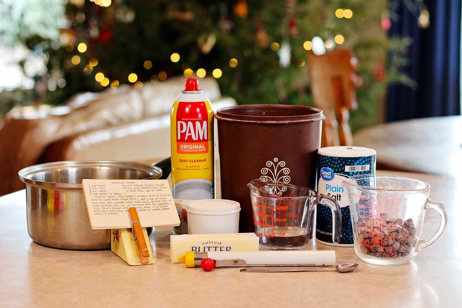 Ingredients for English toffee in front of the Christmas tree.