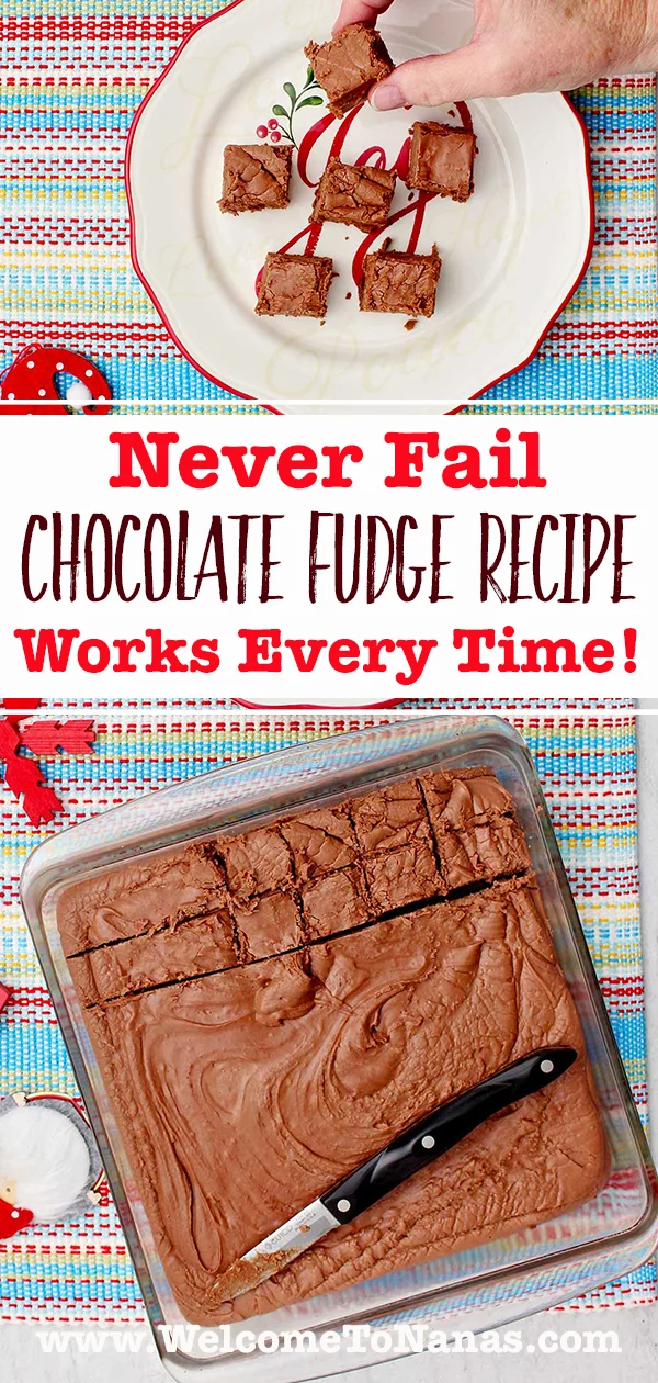 An image of an 8x8 pan of fudge being cut and an image of a person picking up a piece of fudge off of a festive plate.