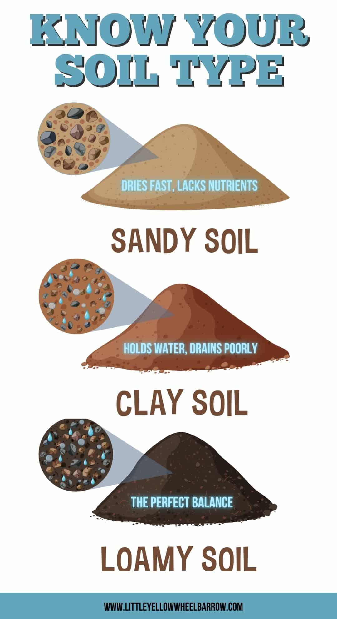An infographic illustrating sandy, clay, and loamy soil, along with their basic attributes as listed above.