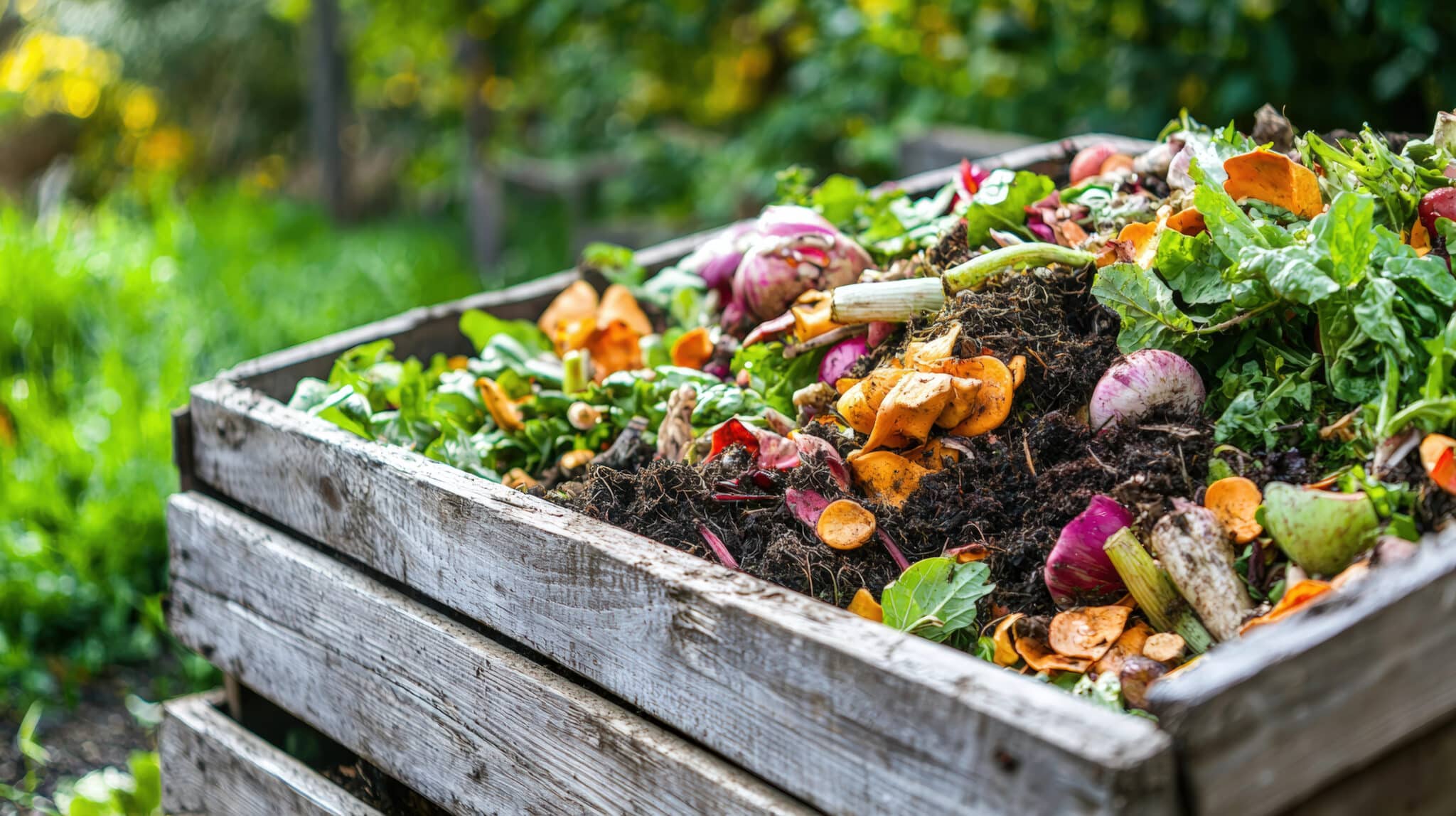 A compost bin containing garden trimmings and vegetables at the top, with quality decomposed compost soil visible below.