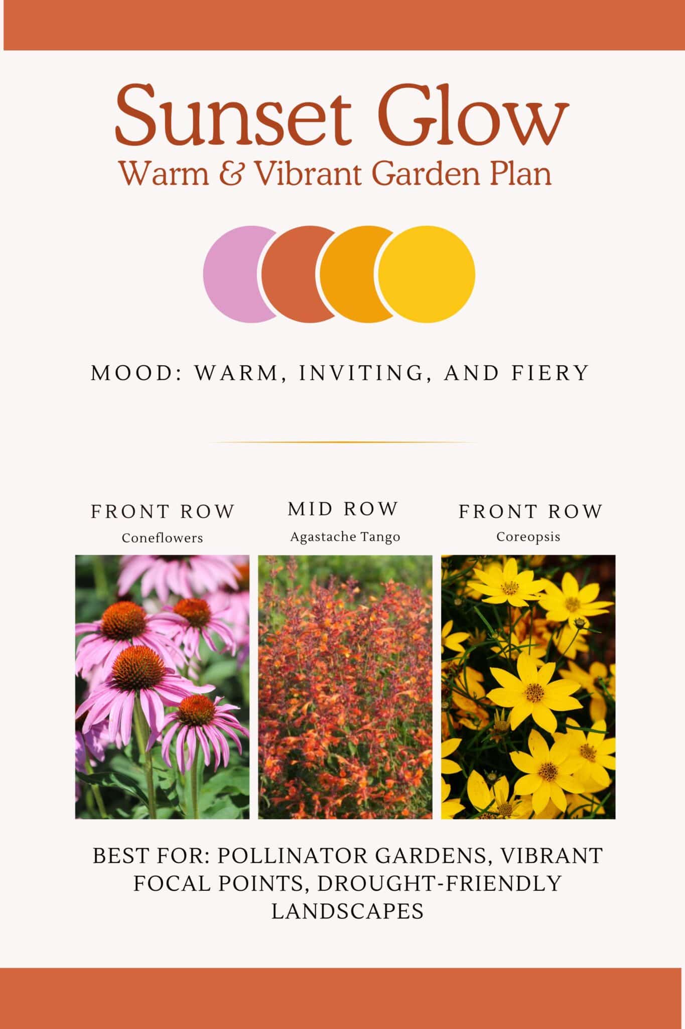 Infographic displaying pink, orange, and yellow perennial flower bed designs with a warm & vibrant essence.