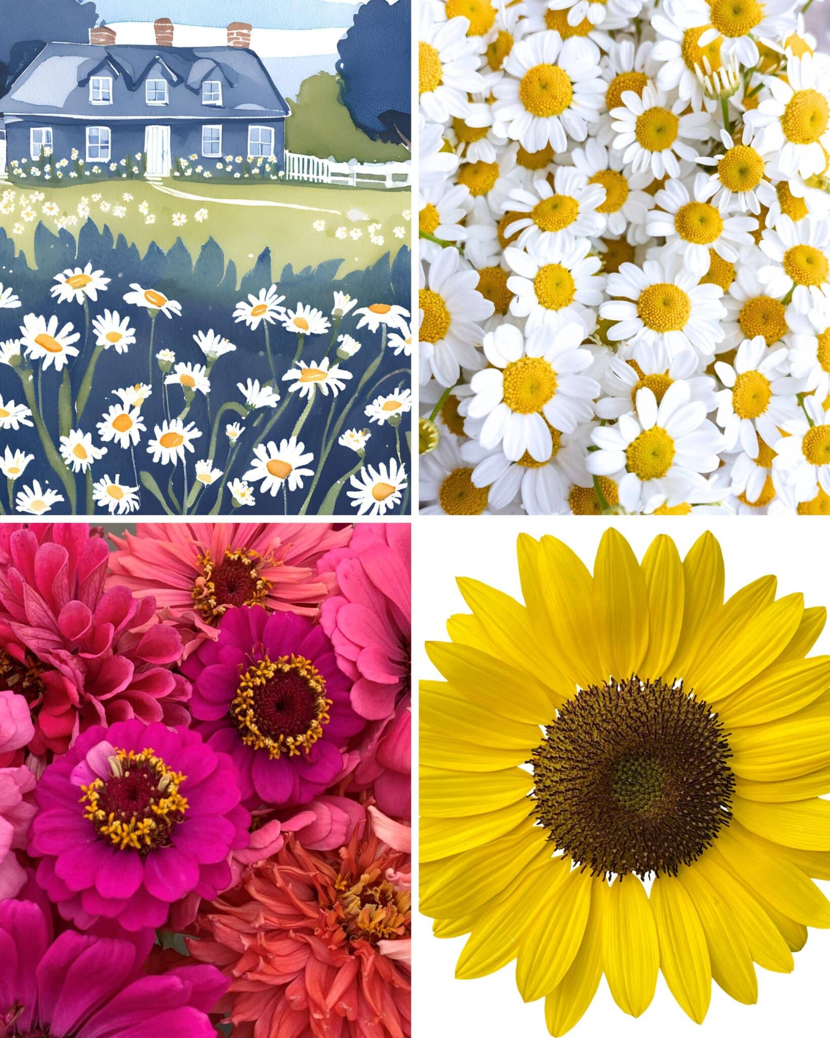 A 4-panel image featuring a watercolor depiction of a navy blue farmhouse style abode with the adjacent panels showcasing the finest flowers for navy blue homes.