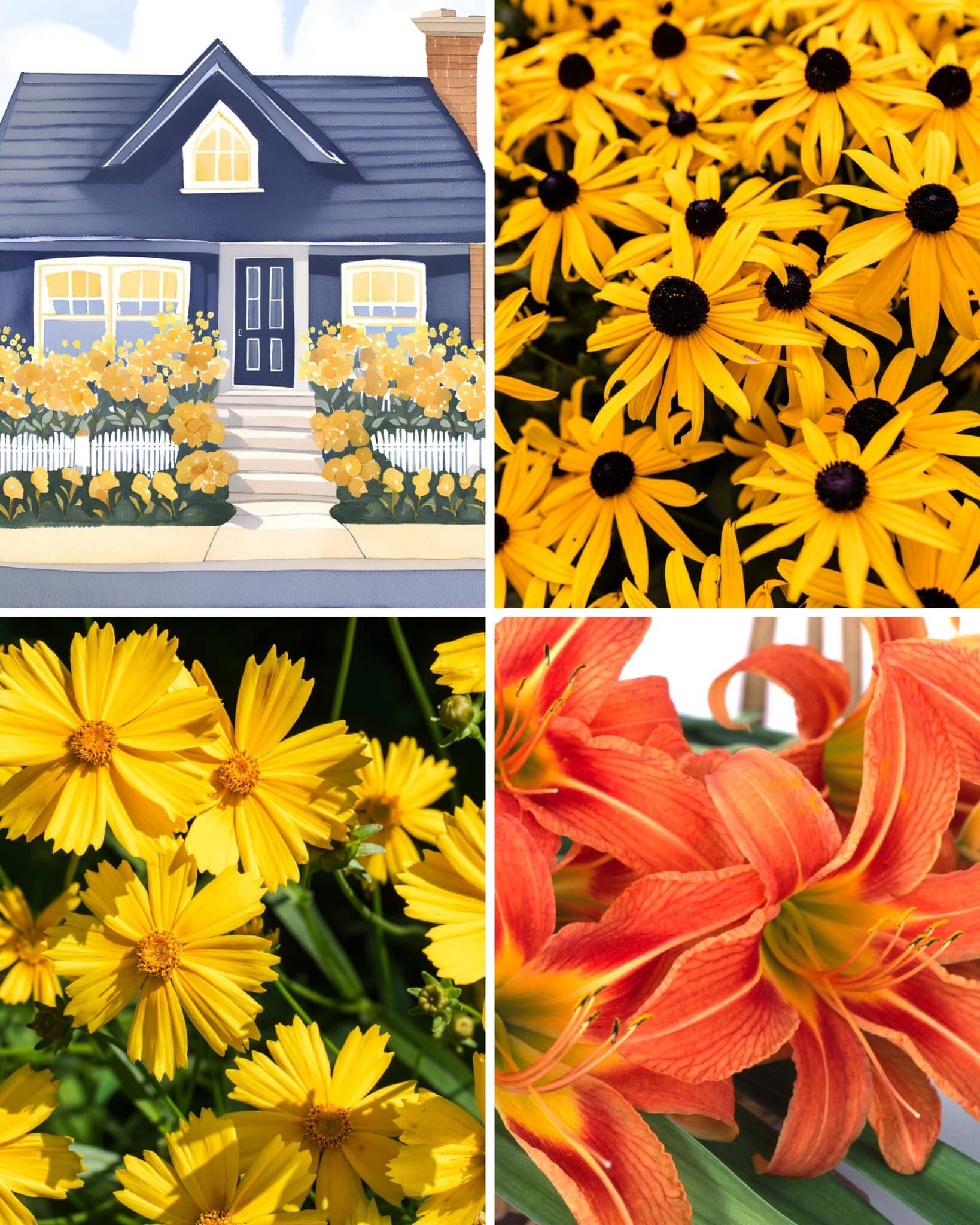 A 4 panel image featuring a watercolor illustration of a navy blue craftsman-style residence, with the adjacent panels displaying the finest flowers for navy blue homes.