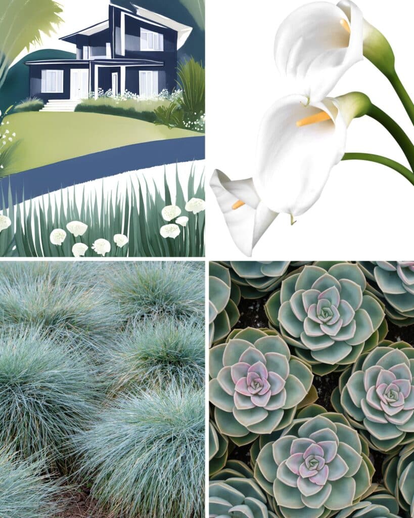 A 4 panel image featuring a watercolor illustration of a navy blue modern residence, with the adjacent panels displaying the finest flowers for navy blue homes.