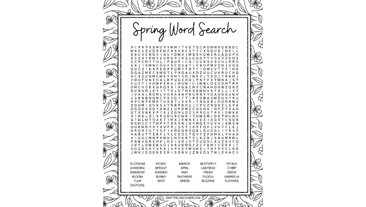 Spring-themed word search puzzle with floral border, featuring terms like bloom, rainbow, picnic, bunny, and umbrella in a grid of letters.