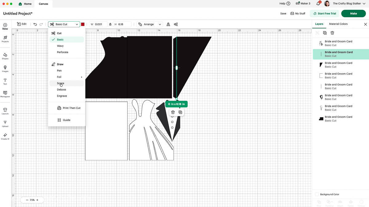 Cricut Design Space screen displaying a score line chosen for a layered bride and groom wedding card project on the canvas.