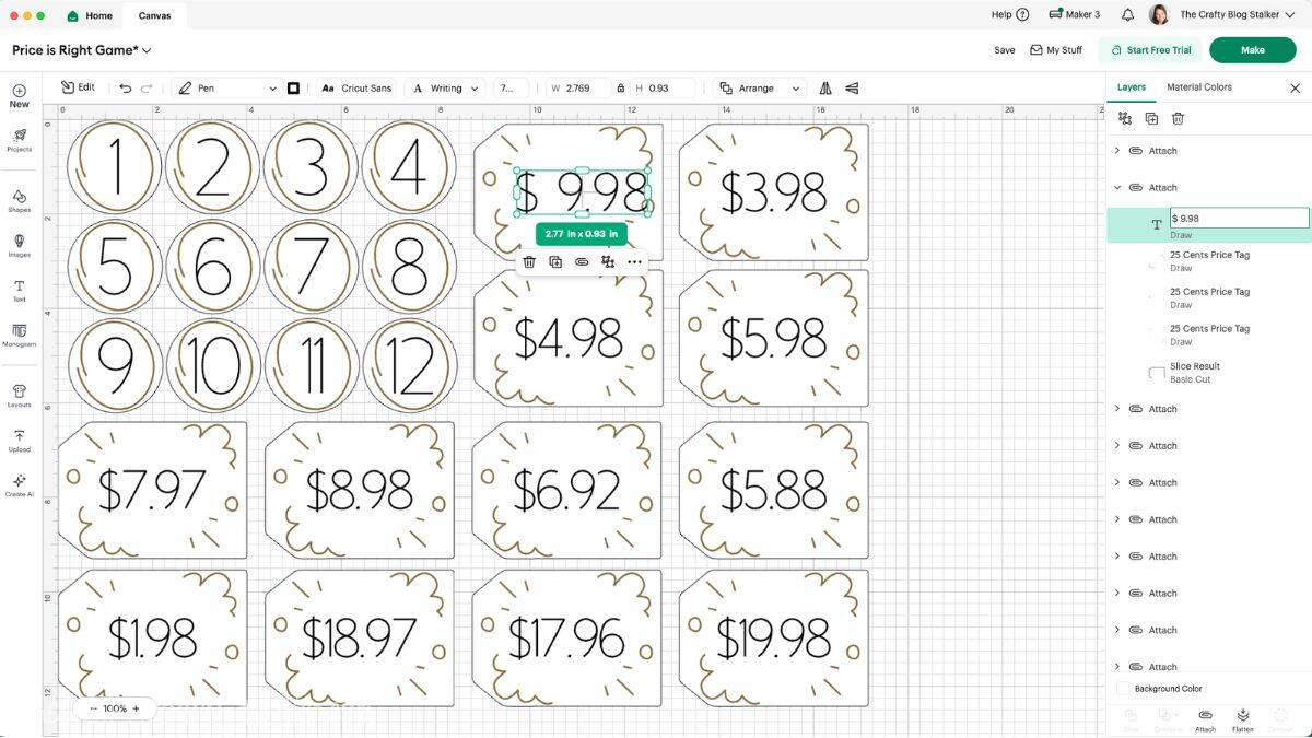 Cricut Design Space interface displaying a canvas with numbered circles and price tag shapes while amending dollar amounts for a Price Is Right baby shower game.