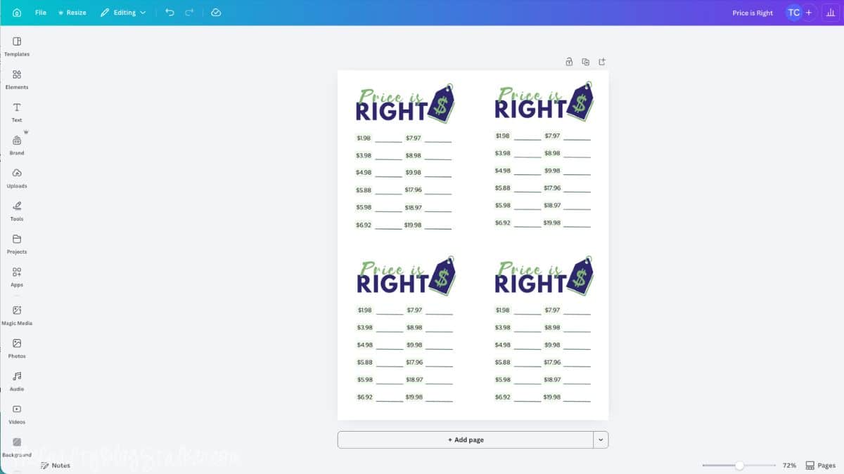 Canva design interface displaying a printable Price Is Right baby shower game sheet with four cards per page and spaces for guessing product costs.