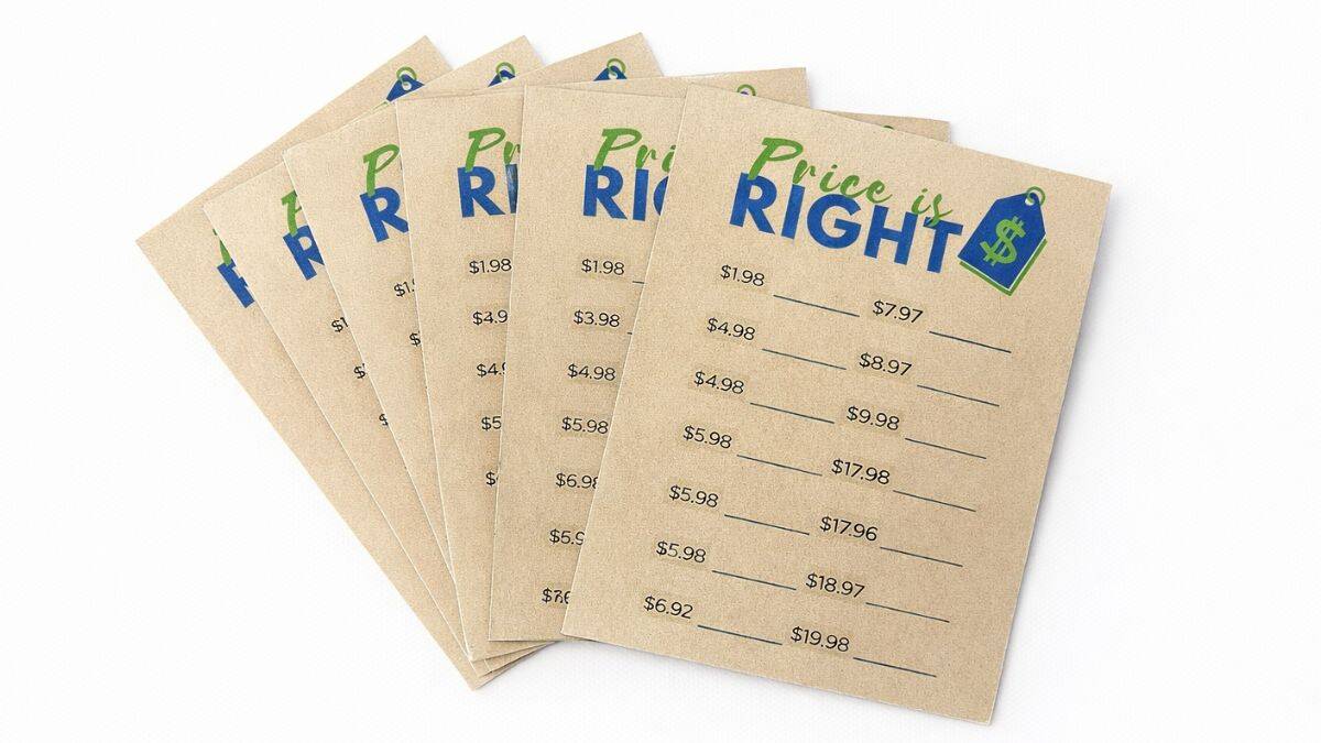 Stack of printed Price Is Right baby shower game cards featuring lines for guessing the prices of items in an entertaining party guessing game.