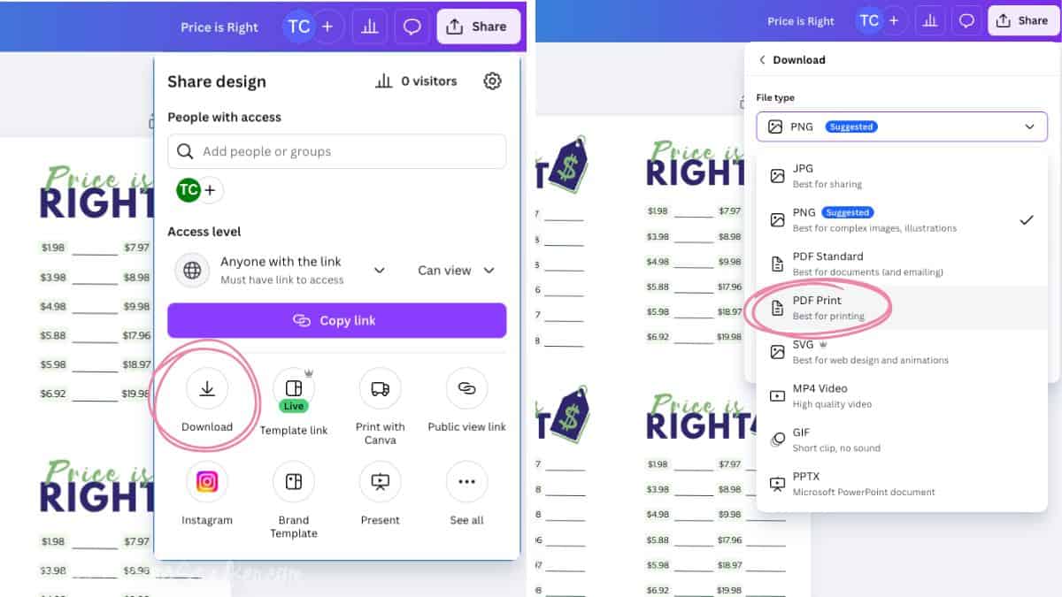 Canva share and download interface showcasing the download button selected and PDF Print option chosen for saving a printable Price Is Right baby shower game card.