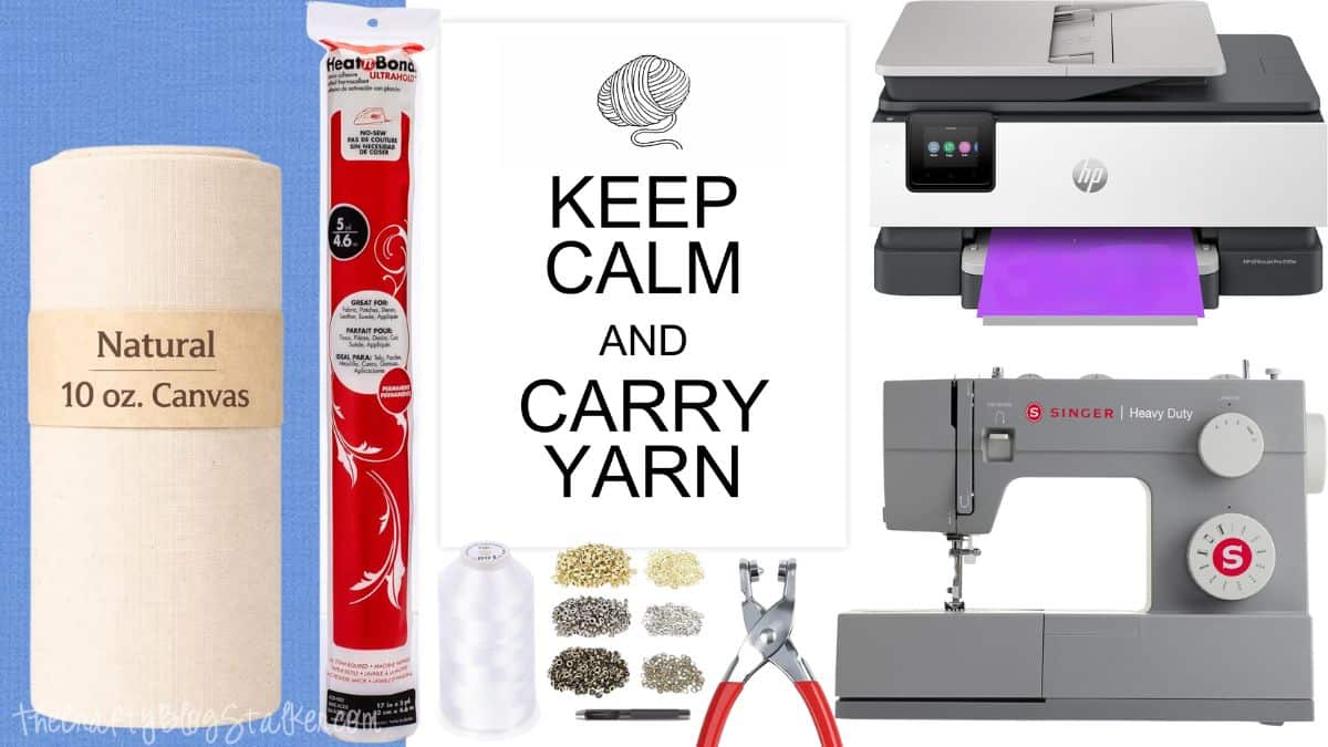 Crafting materials for a yarn tote project consisting of canvas fabric, printable design, HeatnBond, sewing machine, printer, thread, grommets, and pliers.