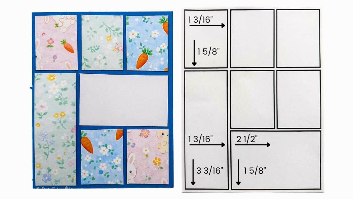Handmade card arrangement with pastel patterned paper panels and a measurement guide indicating cut sizes for each rectangle piece.