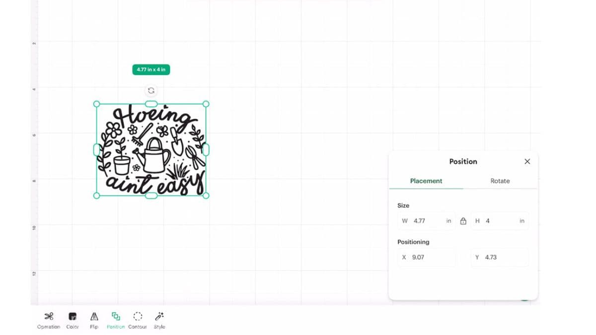 Cricut Design Space interface displaying a gardening SVG resized to 4.77 by 4 inches with the Position panel open for alignment settings.