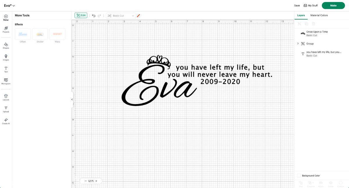 Cricut Design Space canvas displaying a pet memorial design featuring a dog's name, dates, and a memorial quote arranged as a vinyl or paper cut project.