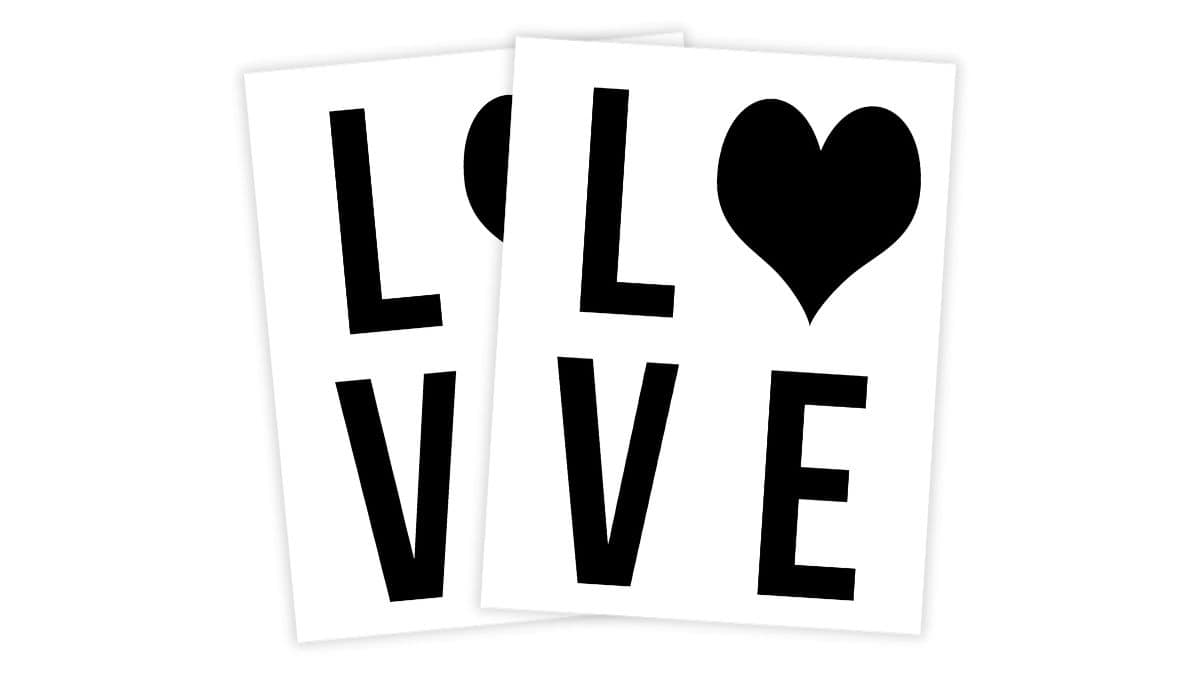 Printable LOVE banner templates displaying letters L, V, E and a heart icon, arranged on two overlapping sheets ready for cutting and crafting.