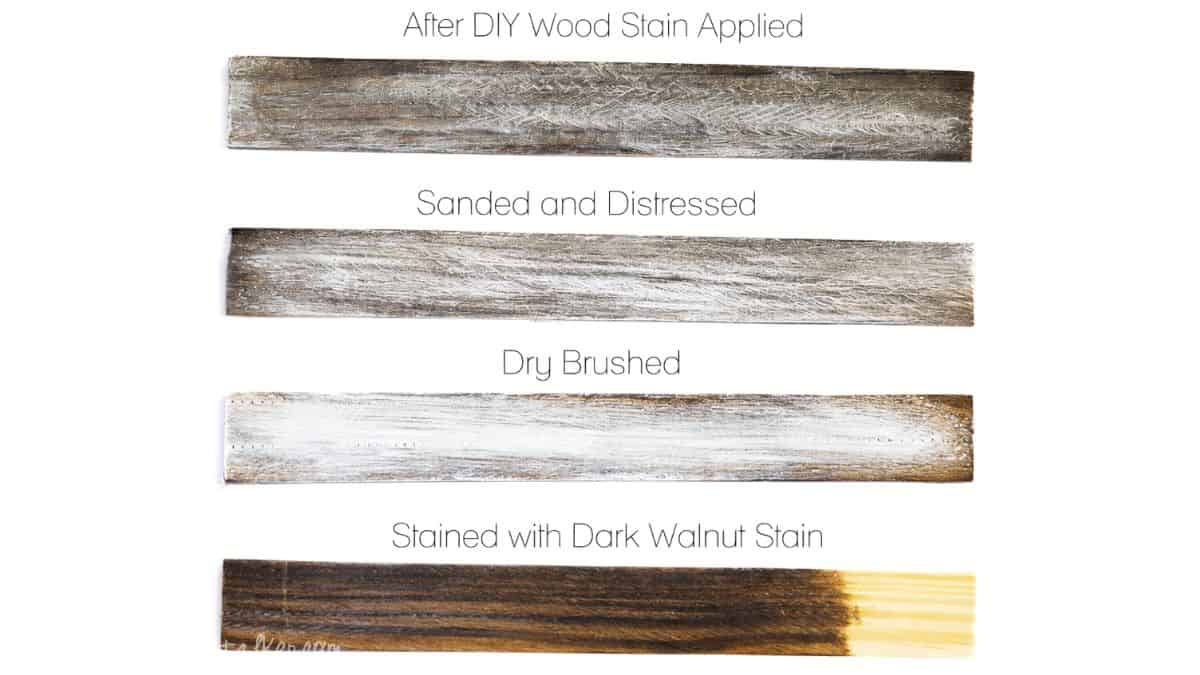 Four wood planks depicting the sequential weathered wood process, showcasing stained, dry brushed, sanded, and distressed finishes.