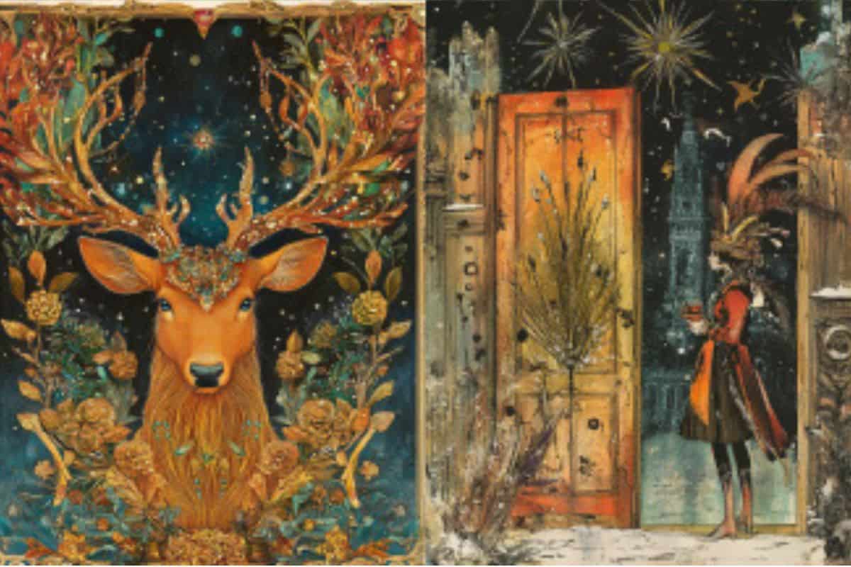 Two printable New Year card visuals: one showcasing a noble deer encircled by golden leaves set against a star-filled sky, and the other depicting a joyful scene with an open entryway and decorations.