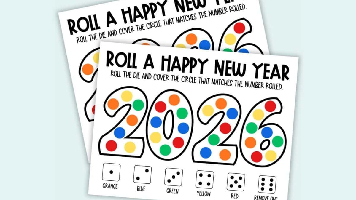 Print-ready Roll a Happy New Year dice game sheets illustrating the year 2026 with vibrant circles, guidelines at the top, and a dice color key at the bottom.