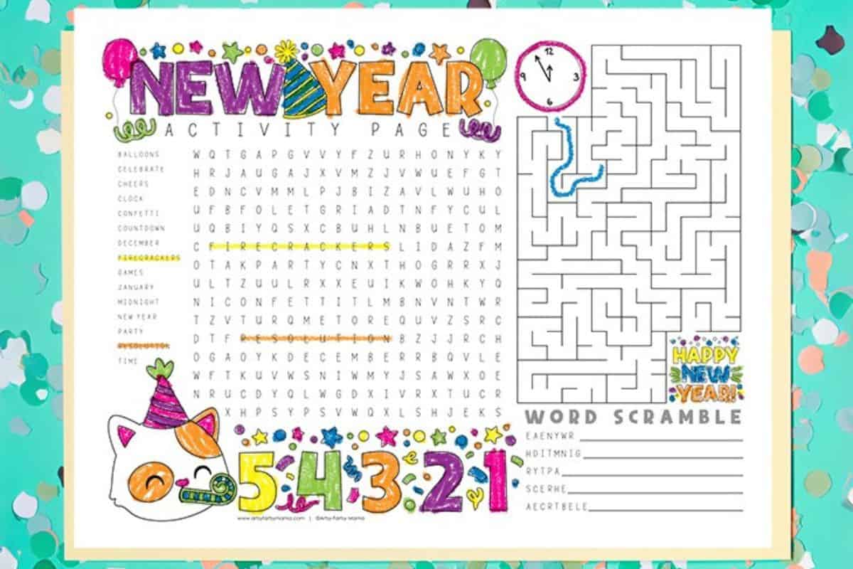 A vibrant New Year's activity page showcasing a word search, maze, word scramble, and cheerful illustrations, including a celebratory cat, balloons, and countdown digits.