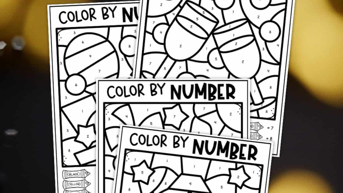 Stack of free printable New Year’s color by number pages showcasing festive shapes and numbered areas for children's activity sheets.