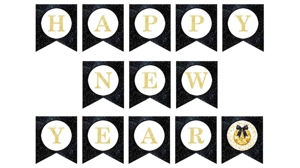 Printable Happy New Year banner featuring individual pennant flags forming the expression and a decorative clock accent to enhance party decor.