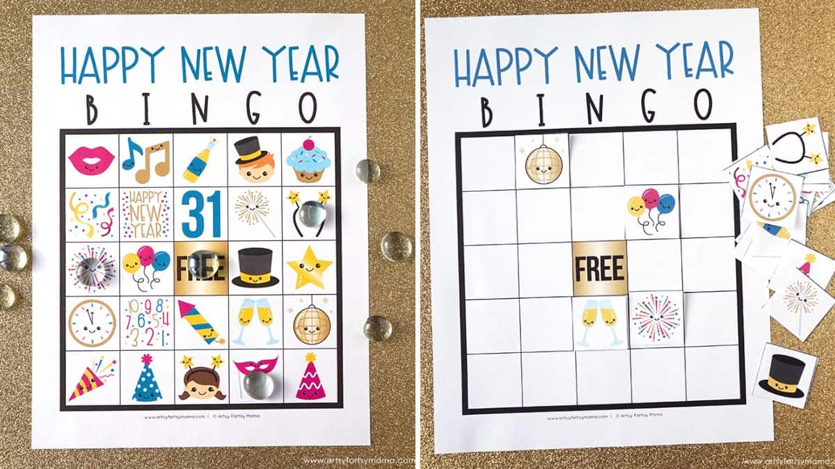 Printable Happy New Year bingo cards adorned with festive symbols, game markers, and matching calling cards presented on a shimmering backdrop.