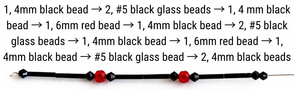 Beaded wire laid out in a straight line showing the order and spacing of small beads used for a jewelry or spider craft project.