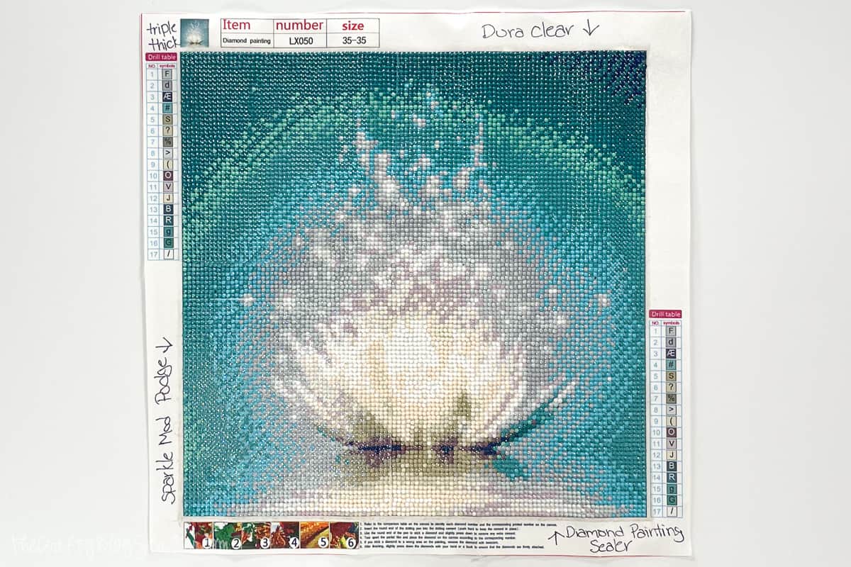 A diamond artwork sealed with four different sealants.