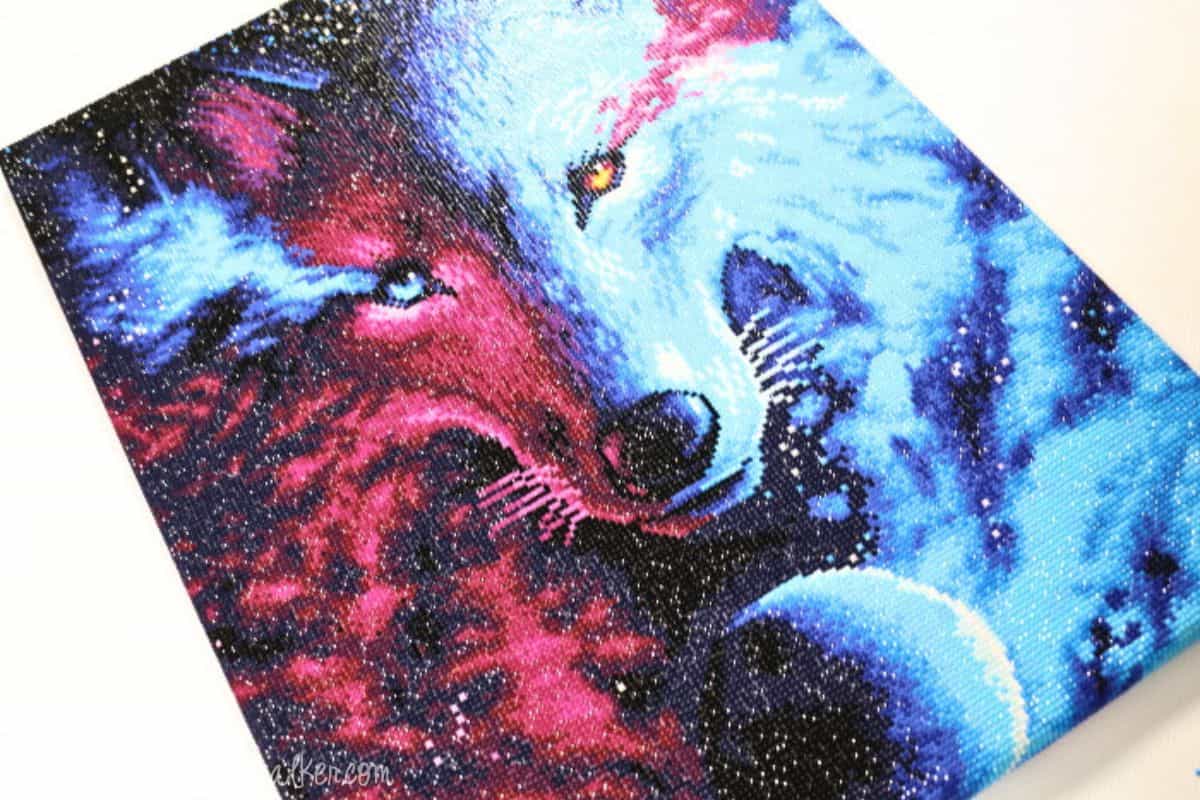 Completed diamond painting mounted on a blank canvas.