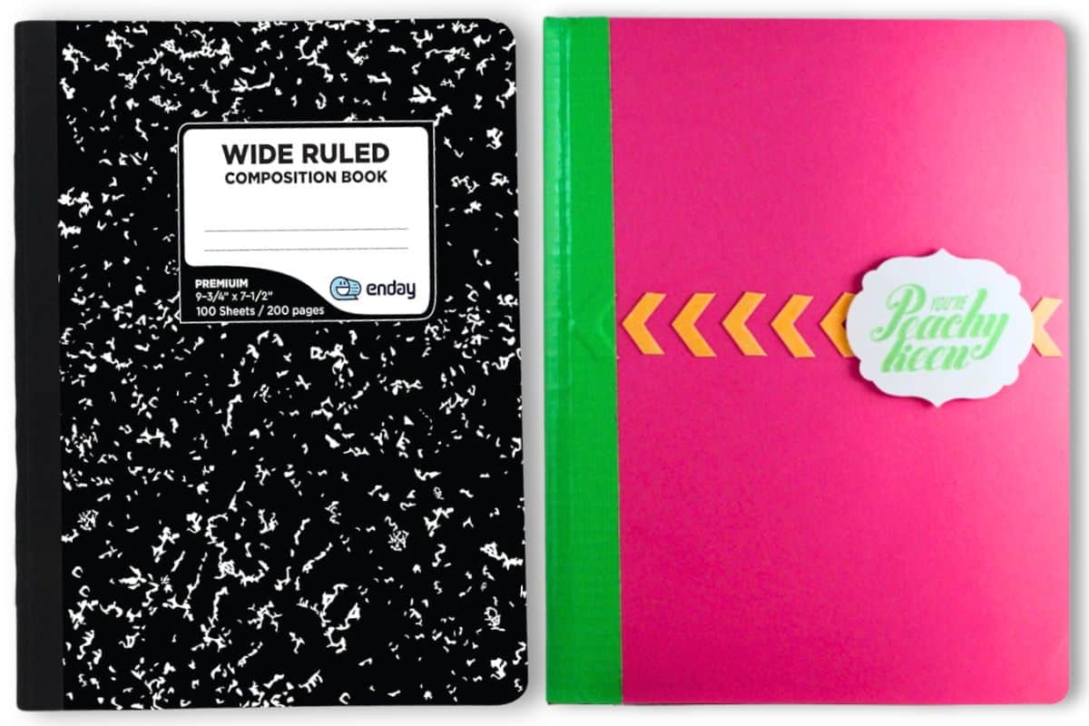 A composition notebook placed beside another notebook that has been covered with cardstock and embellished.