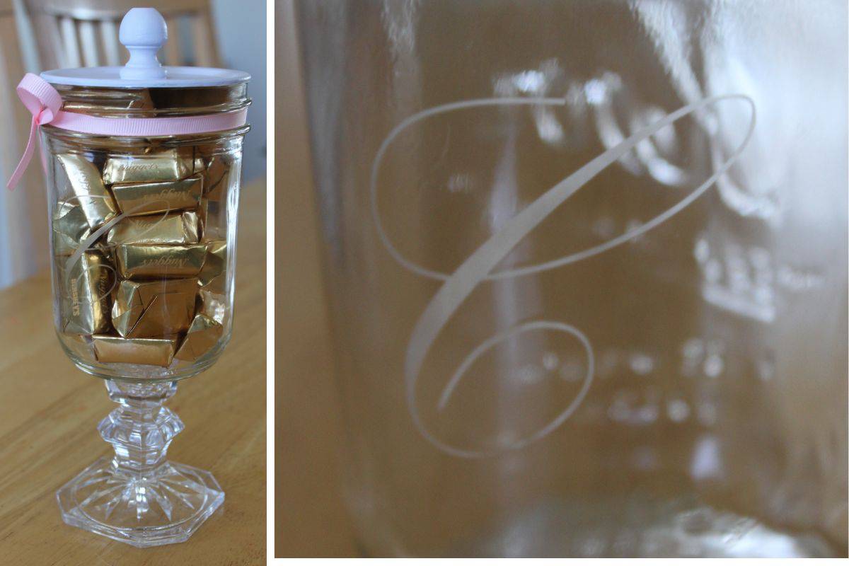 Glass etched candy jar featuring a monogram C.