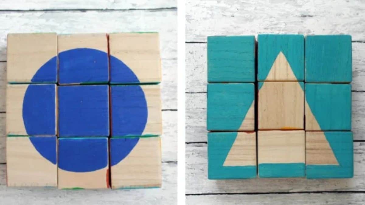 Two handcrafted wooden block puzzles arranged in layouts, with one forming a circular shape and the other a triangle, showcased side by side on a rustic surface.