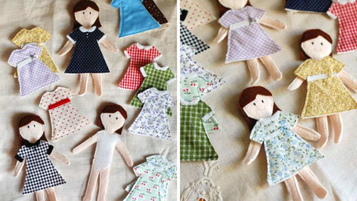 Handcrafted felt dolls displayed on fabric, each featuring detachable fabric outfits in varied patterns and styles, set beside them.