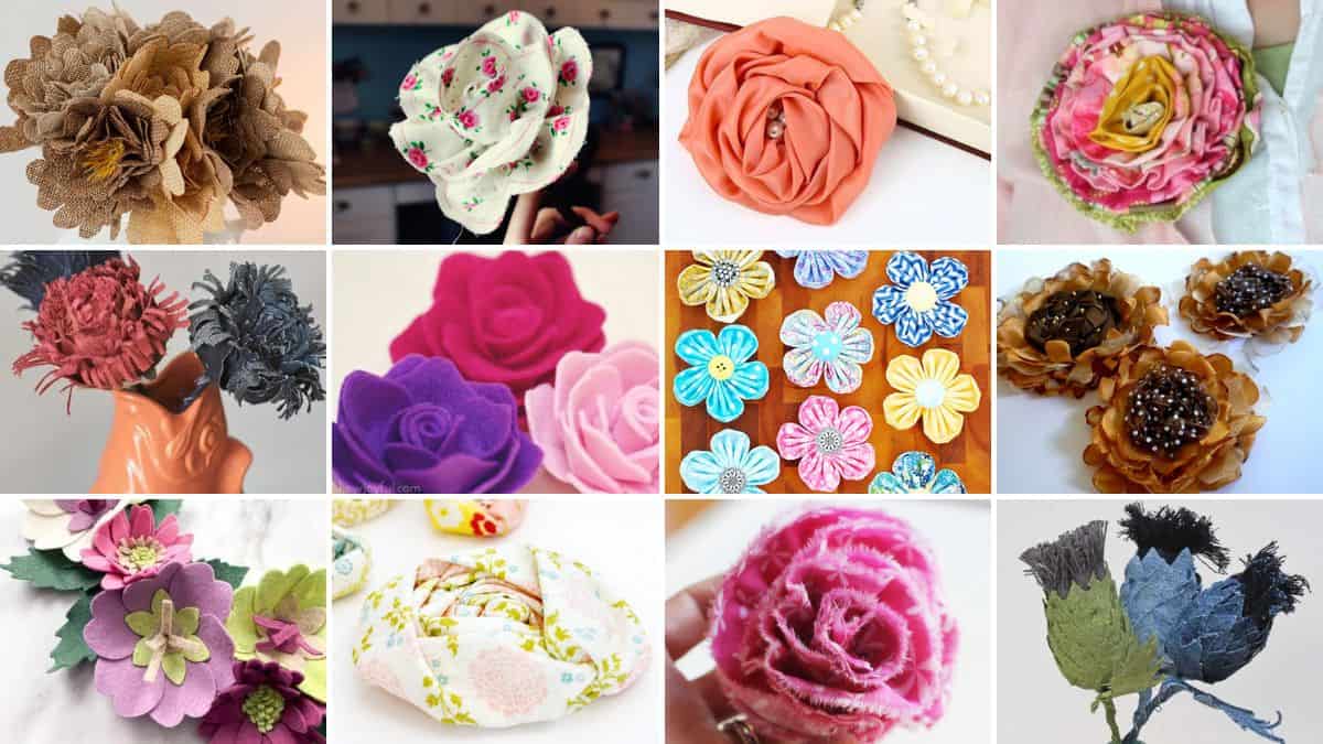Collage of handmade fabric flowers showcasing various styles and techniques, such as roses, layered blooms, felt blossoms, and textured fabric arrangements in a grid.