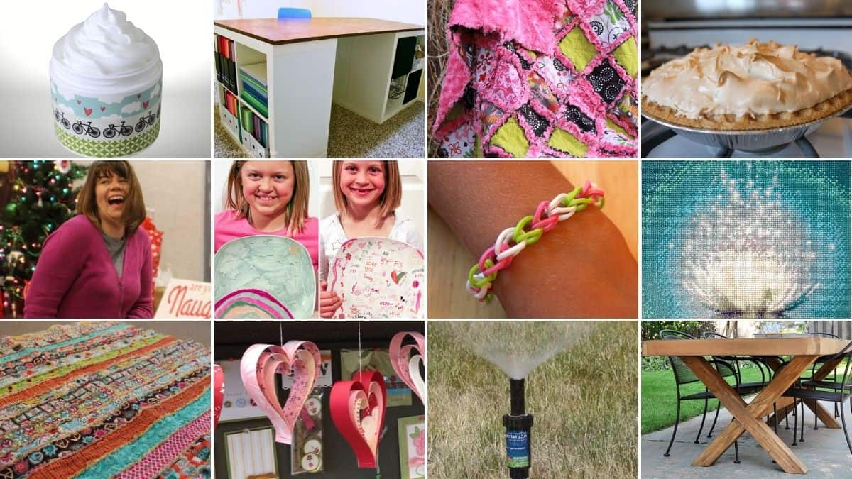 Collage of popular DIY projects including crafts, sewing, home decor, kids activities, desserts, jewelry, and outdoor builds showcased as a grid of tutorial images.