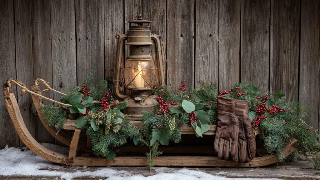 Winter decoration with sleigh, lantern, fir greenery and gloves