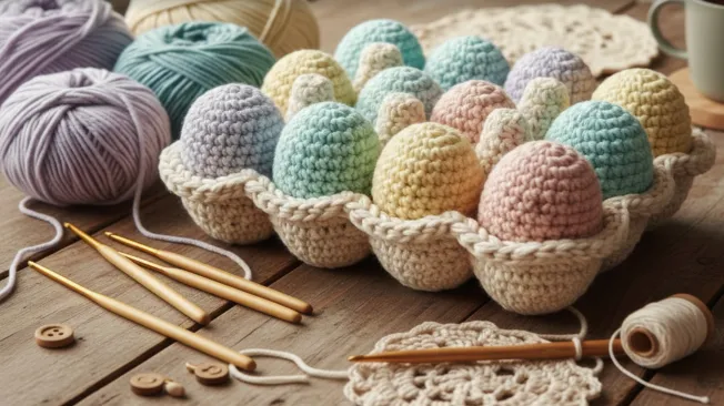 A crocheted egg holder with eggs.