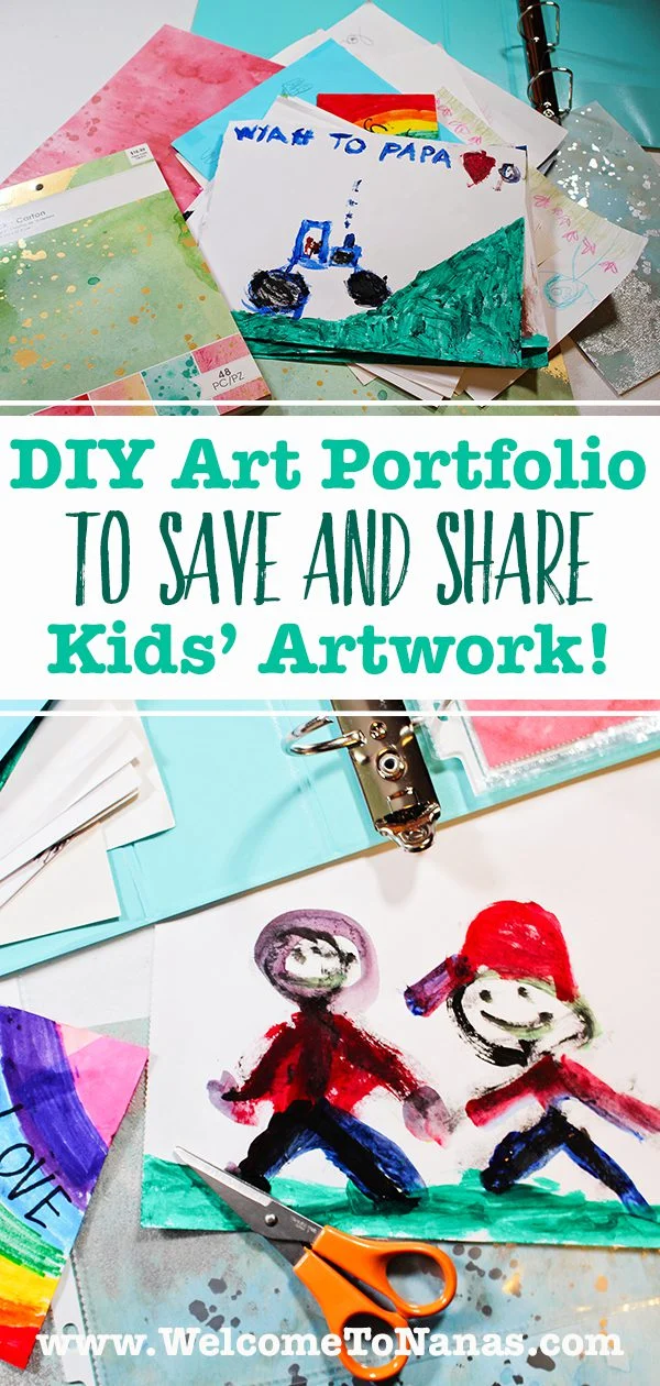 A pinterest image of children's artwork, scrapbook paper, and a binder.