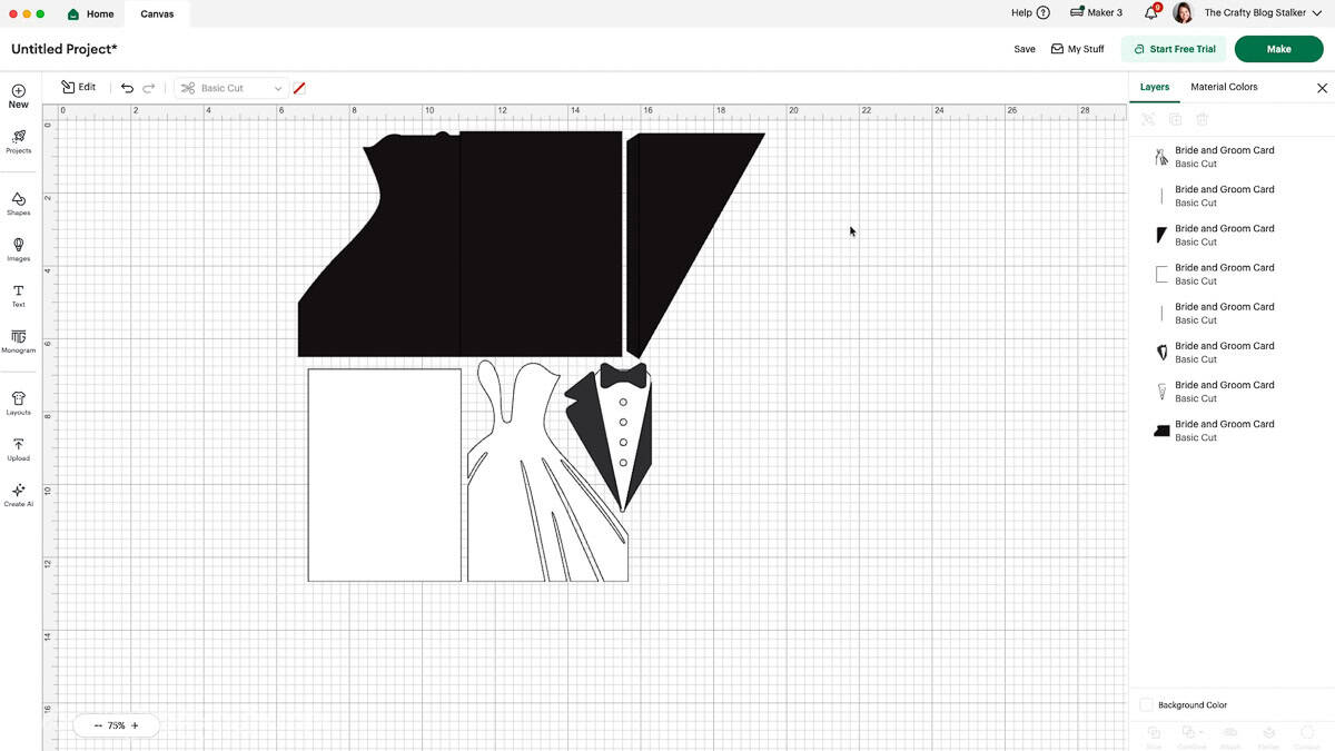 Cricut Design Space canvas displaying layered cut items for a bride and groom wedding card, including dress, tuxedo, and card base shapes.