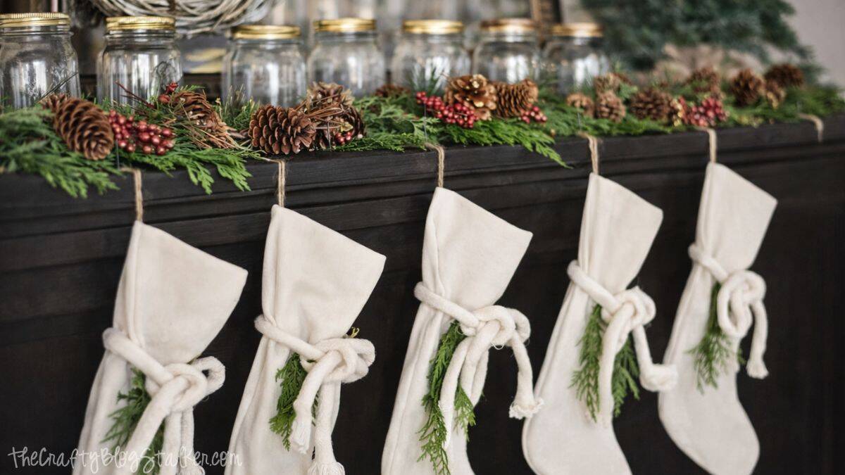 Close-up of white stockings tied with rope and greenery, suspended from a piano adorned with pine garland, pinecones, berries, and jars.