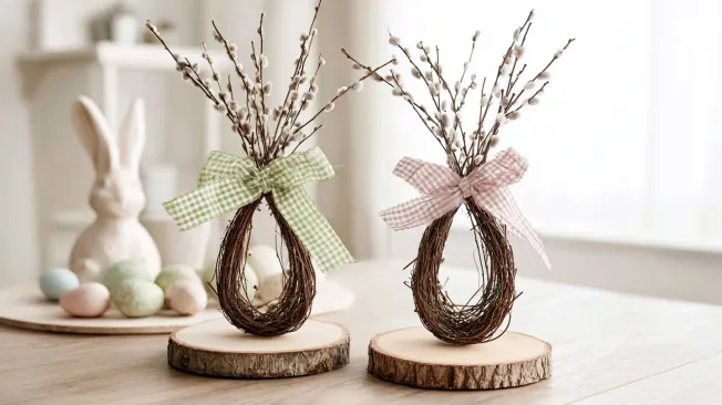 Branches in the shape of Easter eggs, adorned with a bow, resting on a wooden disc.