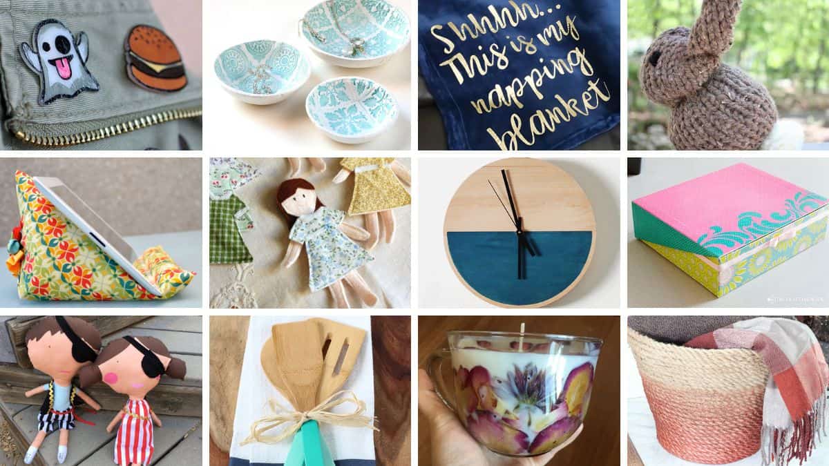 A collage showcasing various handmade gift ideas such as sewn patches, jewelry dishes, pillows, crocheted toys, dolls, wood crafts, candles, boxes, and DIY home decor projects.