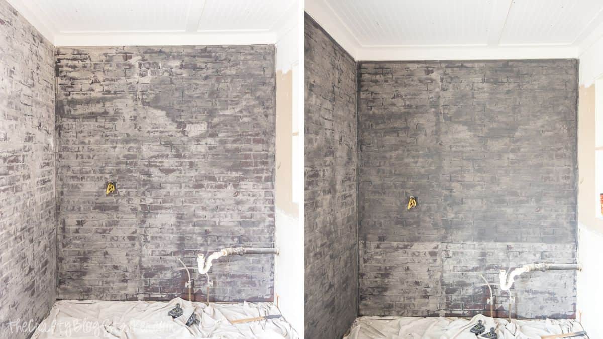 Before and after view of a faux brick wall makeover, showcasing a brick wall treated and completed to produce a softened, timeworn brick appearance in a small space.