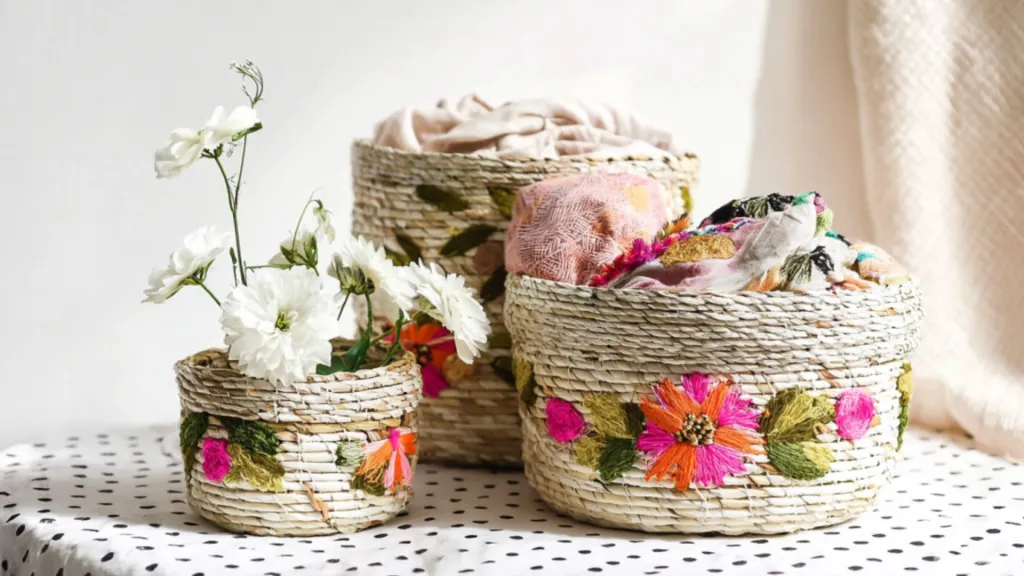 Embroidered baskets adorned with flowers: three beautifully embellished baskets.