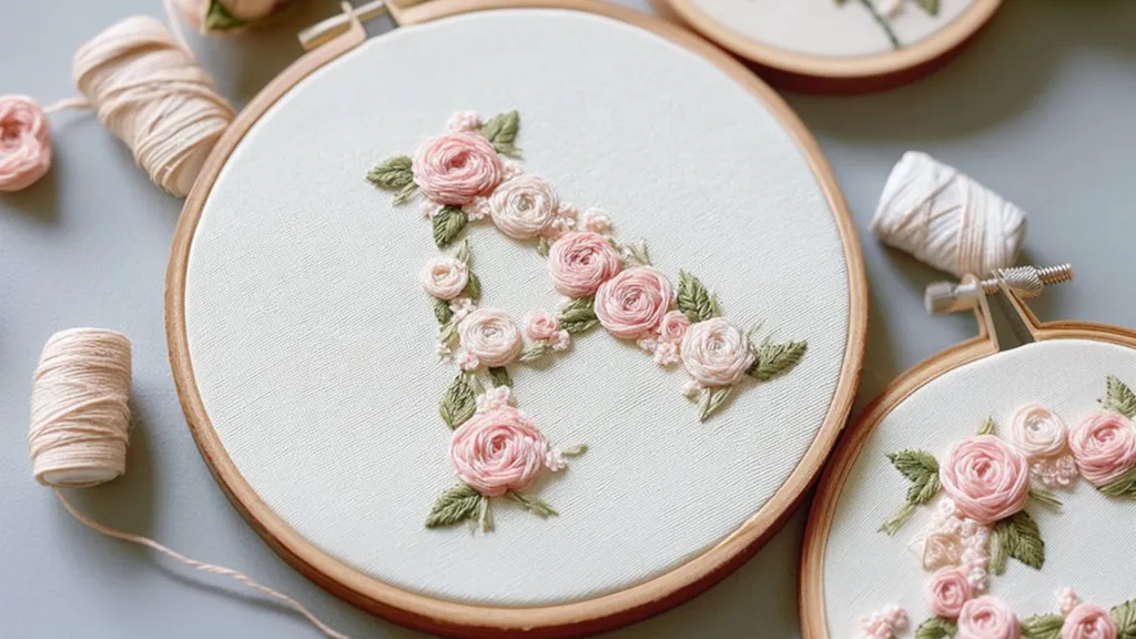 Stitching floral letters, embroidery frame with letter A surrounded by spools of thread