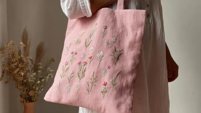 Embroider a pink jute tote with scattered flowers