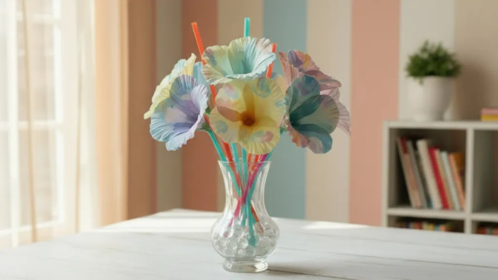 A bouquet of flowers created from coffee filters is displayed in a clear vase on a table